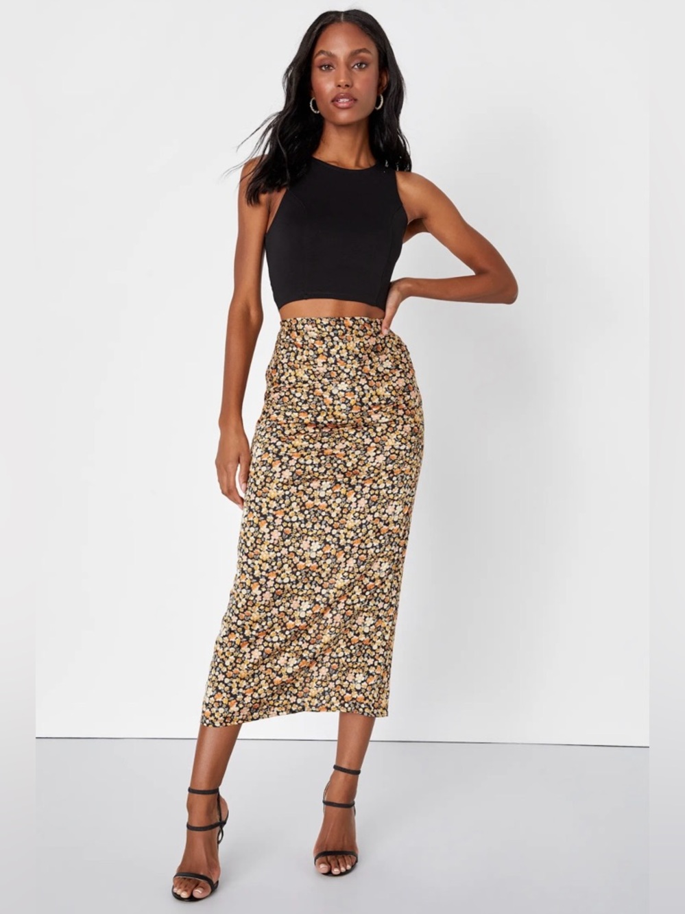 Lulus Elevated Choice Black Floral Print Satin Midi Skirt - Size L